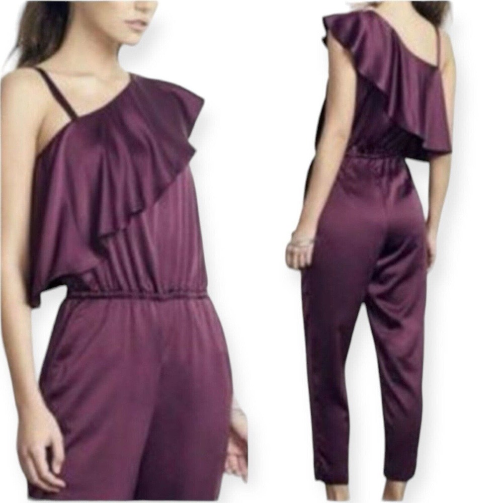 ALI & Jay Los Angeles Women Med Purple One Shoulder Ruffle Satin Romper Jumper